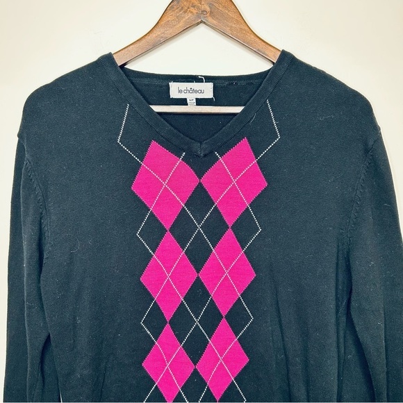 Le Chateau V Neck 100% Cotton Sweater Black  with Pink Argyle Small - Picture 2 of 8